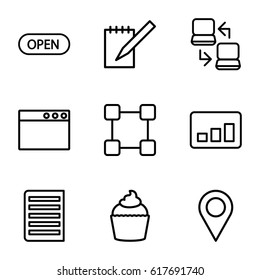 Information icons set. set of 9 information outline icons such as muffin, notebook, document, open, laptop connection, location, browser window, network connection