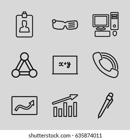 Information icons set. set of 9 information outline icons such as connection, call, clipboard, pc, pen, blackboard x+y, smart glasses