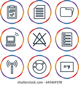 Information icons set. set of 9 information outline icons such as signal tower, document, no bleaching, laptop, clipboard, blackboard x+y, folder