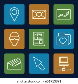 Information icons set. set of 9 information outline icons such as love letter, folder with heart, letter, pointer, location, man in smart glasses, news, laptop