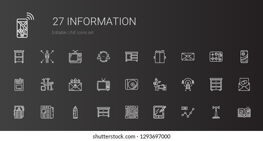 information icons set. Collection of information with line chart, tablet, qr code, drawer, marker, newspaper, news, antenna, setting the table. Editable and scalable information icons.