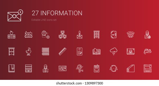 information icons set. Collection of information with network, cigarettes, analytics, website, news reporter, bookshelf, book, cloud. Editable and scalable information icons.