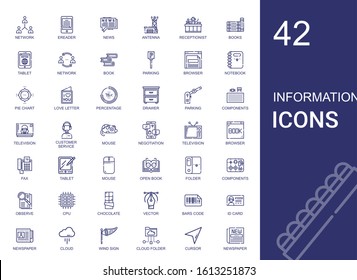 information icons set. Collection of information with network, ereader, news, antenna, receptionist, books, tablet, book, parking, browser. Editable and scalable information icons.