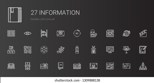 information icons set. Collection of information with open book, television, book, card, runway, line chart, id card, pendrive, escalator. Editable and scalable information icons.
