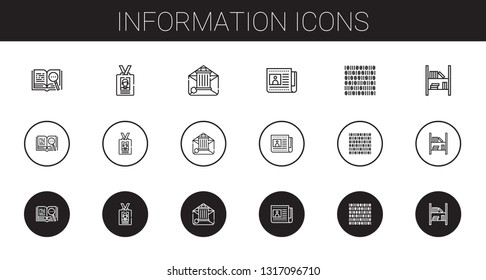 information icons set. Collection of information with open book, id card, email, newspaper, binary code, bookshelf. Editable and scalable information icons.