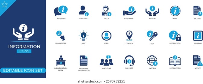 Information icons set. Containing info, news, inform, support, location, help, about us, instructions and notice icons. Solid icon collection. Vector illustration Design.