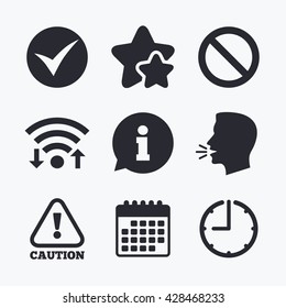 Information icons. Stop prohibition and attention caution signs. Approved check mark symbol. Wifi internet, favorite stars, calendar and clock. Talking head. Vector