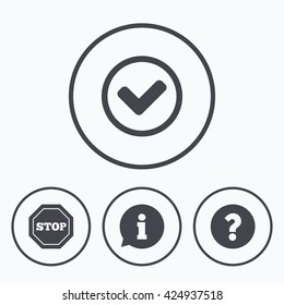 Information icons. Stop prohibition and question FAQ mark signs. Approved check mark symbol. Icons in circles.