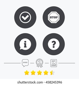 Information icons. Stop prohibition and question FAQ mark signs. Approved check mark symbol. Chat, award medal and report linear icons. Star vote ranking. Vector