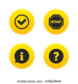 Information icons. Stop prohibition and question FAQ mark signs. Approved check mark symbol. Yellow stars labels with flat icons. Vector
