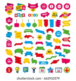 Information icons. Stop prohibition and question FAQ mark signs. Approved check mark symbol. Shopping tags, banners and coupons signs. Calendar, Information and Download icons. Vector