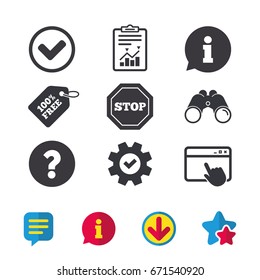 Information icons. Stop prohibition and question FAQ mark signs. Approved check mark symbol. Browser window, Report and Service signs. Binoculars, Information and Download icons. Stars and Chat