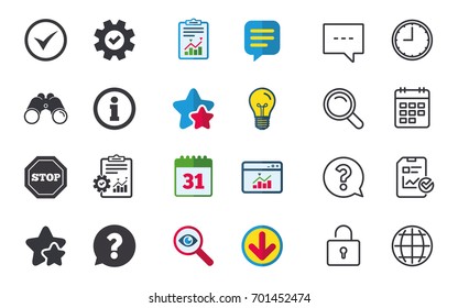 Information icons. Stop prohibition and question FAQ mark speech bubble signs. Approved check mark symbol. Chat, Report and Calendar signs. Stars, Statistics and Download icons. Vector