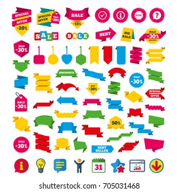 Information icons. Stop prohibition and question FAQ mark speech bubble signs. Approved check mark symbol. Shopping tags, banners and coupons signs. Calendar, Information and Download icons. Vector