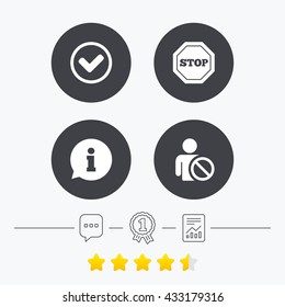 Information icons. Stop prohibition and user blacklist signs. Approved check mark symbol. Chat, award medal and report linear icons. Star vote ranking. Vector