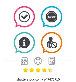 Information icons. Stop prohibition and user blacklist signs. Approved check mark symbol. Calendar, internet globe and report linear icons. Star vote ranking. Vector