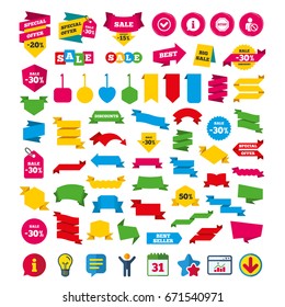 Information icons. Stop prohibition and user blacklist signs. Approved check mark symbol. Shopping tags, banners and coupons signs. Calendar, Information and Download icons. Stars, Statistics and Chat