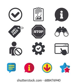 Information icons. Stop prohibition and user blacklist signs. Approved check mark symbol. Browser window, Report and Service signs. Binoculars, Information and Download icons. Stars and Chat. Vector