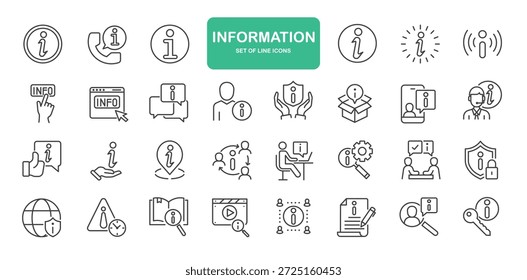 Iconos de información. Colección de Elementos de símbolo de línea delgada.