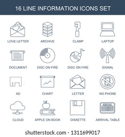 information icons. Trendy 16 information icons. Contain icons such as love letter, archive, clamp, laptop, document, disc on fire, signal. information icon for web and mobile.