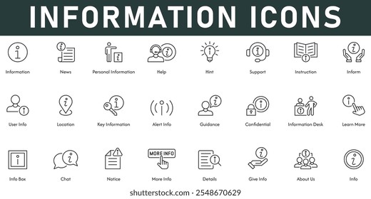 Informação Ícones ilustração vetorial com linha fina editável traço contém notícias ajuda informações pessoais dica informação sobre nós detalhes mais informações orientação de bate-papo aprender mais informações