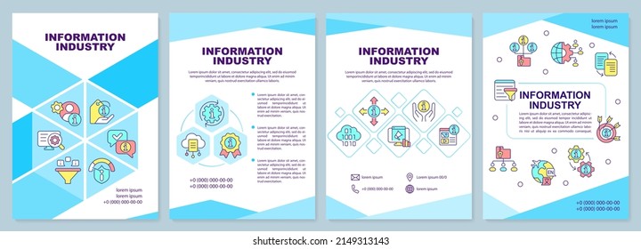 Information industry blue brochure template. Valuable info production. Leaflet design with linear icons. 4 vector layouts for presentation, annual reports. Arial-Black, Myriad Pro-Regular fonts used
