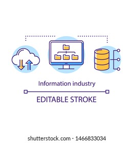 Information Industry Concept Icon. Collecting, Using Information. Structuring, Data Storage Idea Thin Line Illustration. Cloud Computing, Web Hosting. Vector Isolated Outline Drawing. Editable Stroke