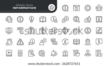 Information and info line icon set. Instruction, rule, guide, info center,manual, reference book, dictionary, help and more. Outline icon in linear style. Vector collection.	
