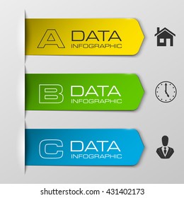 Information infographic statistic vector presentation. Graphic composition for your business presentations. Three glossy Arrow for your annotations. Three color sticker for registration of proposals