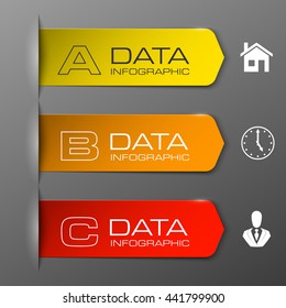 Information infographic statistic vector presentation. Graphic composition for your business presentations. Three glossy Arrow for your annotations. Three color sticker for registration of proposals