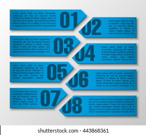 Information infographic statistic vector presentation. Graphic composition for your business presentations. Eight glossy Arrow for your annotations. Eight color sticker for registration of proposals