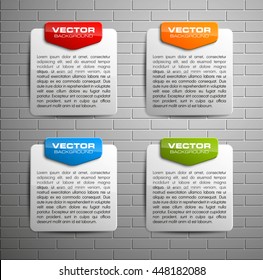 Informationen Infografische statistische Vektorgrafik-Darstellung. Grafische Komposition für Ihre Geschäftspräsentationen. Vier glänzende Streifen für Ihre Anmerkungen. Vier Farbaufkleber für die Registrierung von Vorschlägen
