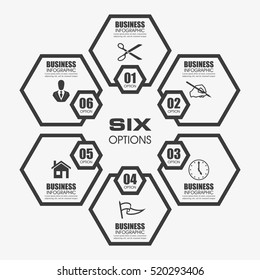Information infographic statistic vector presentation. Graphic composition for your business presentations. Six hexahedron label for your annotations. 6 hexagon sticker for registration of proposals