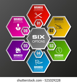 Information infographic statistic vector presentation. Graphic composition for your business presentations. Six hexahedron label for your annotations. 6 hexagon sticker for registration of proposals
