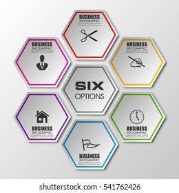 Informationen Infografische statistische Vektorgrafik-Darstellung. Grafische Komposition für Ihre Geschäftspräsentationen. Sechs Hexahedron-Etiketten für Ihre Anmerkungen. 6 Hexagon-Aufkleber für die Registrierung von Vorschlägen