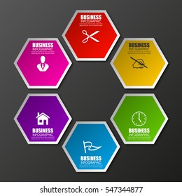 Information infographic statistic vector presentation. Graphic composition for your business presentations. Six hexahedron label for your annotations. 6 hexagon sticker for registration of proposals