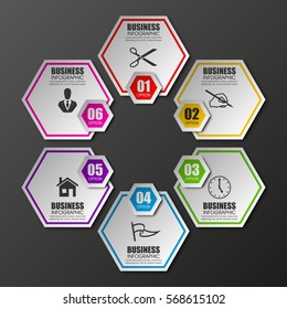 Information infographic statistic vector presentation. Graphic composition for your business presentations. Six hexahedron label for your annotations. 6 hexagon sticker for registration of proposals