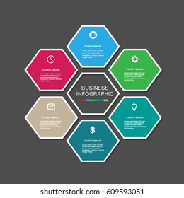 Information infographic statistic vector presentation. Graphic composition for your business presentations. Six hexahedron label for your annotations. 6 hexagon sticker for registration of proposals