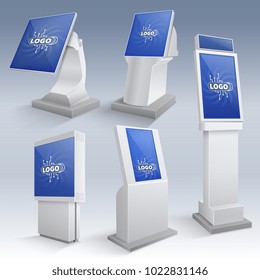 Information interactive kiosk displays. Touchscreen stands vector templates. Touchscreen stand monitor console illustration