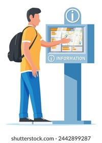 Information Kiosk and Man Isolated on White. Sign Digital Information Panel. Street Interactive Touchscreen Kiosk. Help Digital Board Interface or Payment Terminal. Cartoon Flat Vector Illustration