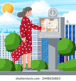 Information Kiosk and Woman and Cityscape. Sign Digital Information Panel. Street Interactive Touchscreen Kiosk. Help Digital Board Interface or Payment Terminal. Cartoon Flat Vector Illustration