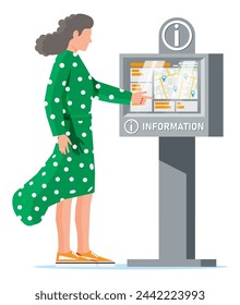 Information Kiosk and Woman Isolated on White. Sign Digital Information Panel. Street Interactive Touchscreen Kiosk. Help Digital Board Interface or Payment Terminal. Cartoon Flat Vector Illustration