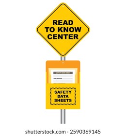 Information and knowledge center of safety data sheet station with warning sign and pocket document design.