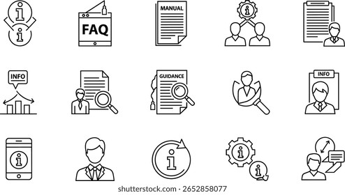 Conjunto de ícones da linha Information Knowledge Sharing. Pictogramas vetoriais de info, FAQ, manual, busca, orientação, instrução de ilustração linear fina.