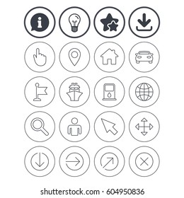 Information, light bulb and download signs. GPS navigation icons. Car and Ship transport. You are here, map pointer symbols. Search gas or petrol stations, hotels. Best quality star symbol. Vector