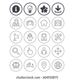 Information, light bulb and download signs. GPS navigation icons. Car, Bus and Ship transport. You are here, map pointer symbols. Search gas or petrol stations, hotels. A to B distance. Vector
