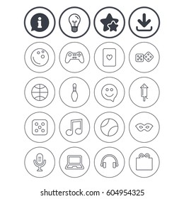 Information, light bulb and download signs. Entertainment icons. Game console joystick, notebook and microphone symbols. Poker playing card, dice and mask thin outline signs. Vector