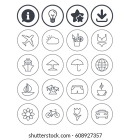Information, light bulb and download signs. Travel icons. Ship, plane and car transport. Beach umbrella, palms and cocktail. Swimming trunks. Rose or tulip flower. Best quality star symbol. Vector