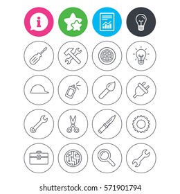 Information, light bulb and report signs. Repair tools icons. Hammer with wrench key, wheel and brush. Screwdriver, electric plug and scissors. Circuit board, magnifying glass and construction helmet