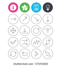 Information, light bulb and report signs. Arrows line icons. Download, upload, check or tick symbols. Refresh, fullscreen and shuffle thin outline signs. Favorite star symbol. Flat buttons. Vector